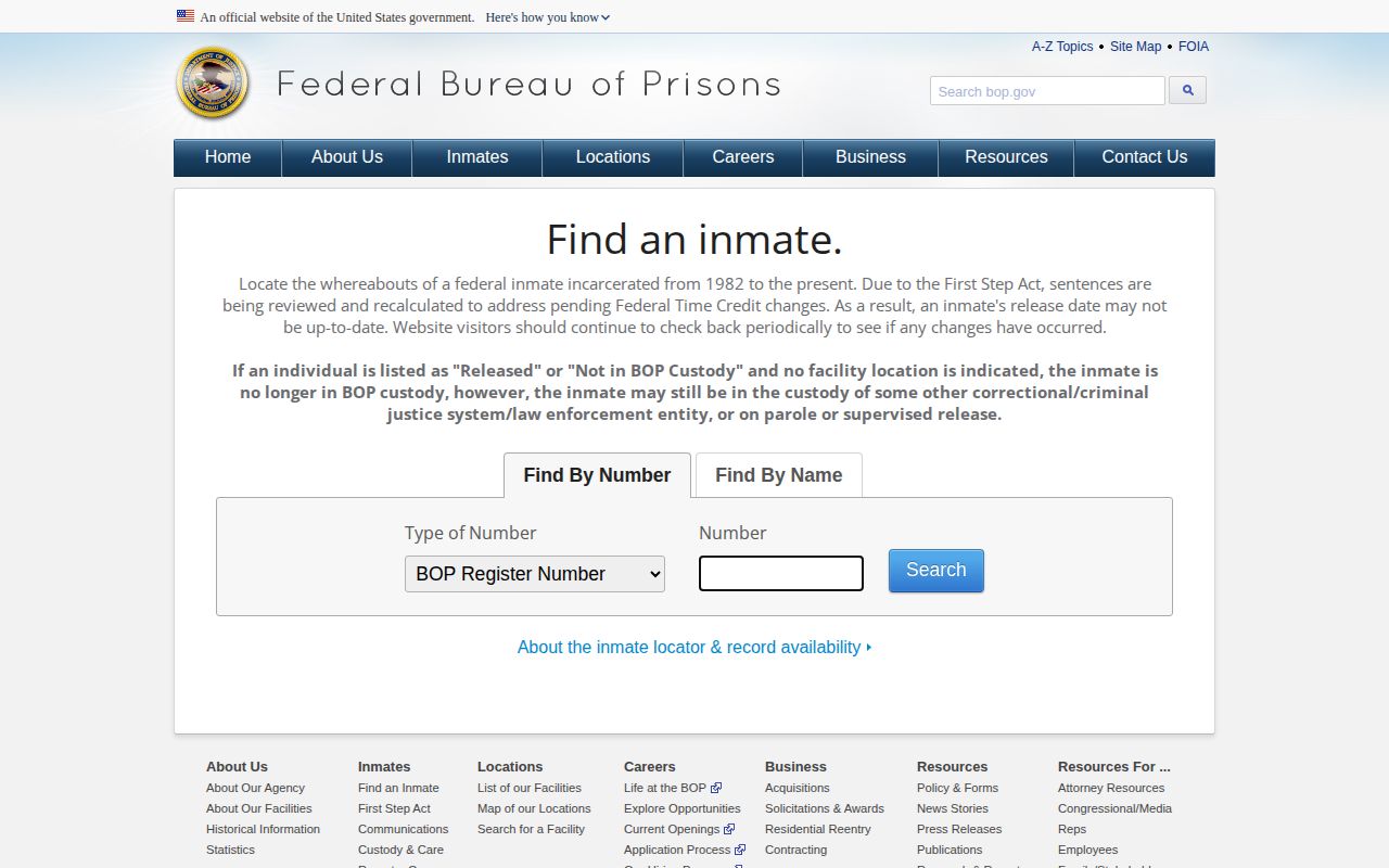 Federal Bureau of Prisons release locator for an Ontonagon County federal record