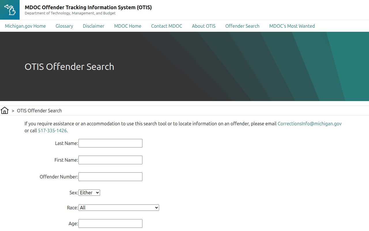 OTIS offender search fields for Ontonagon County released state inmates