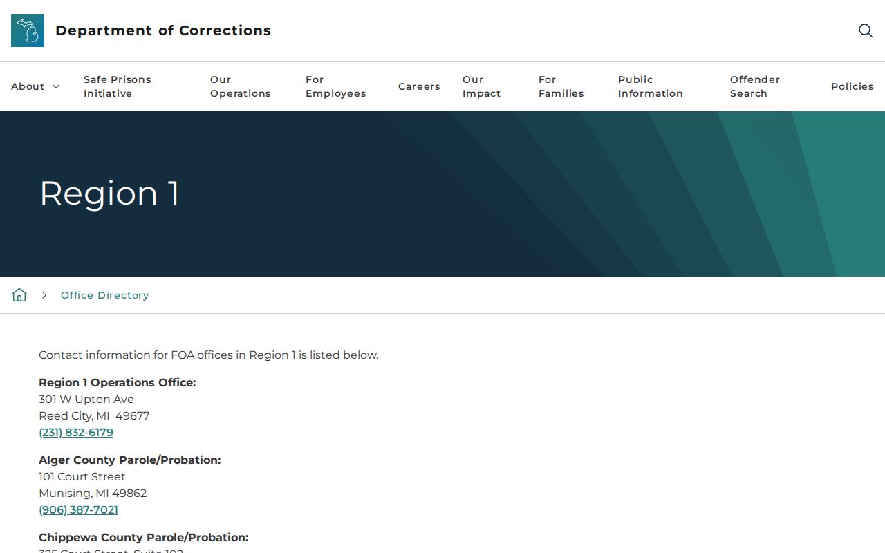 Ontonagon County parole and probation office in the MDOC Region 1 directory