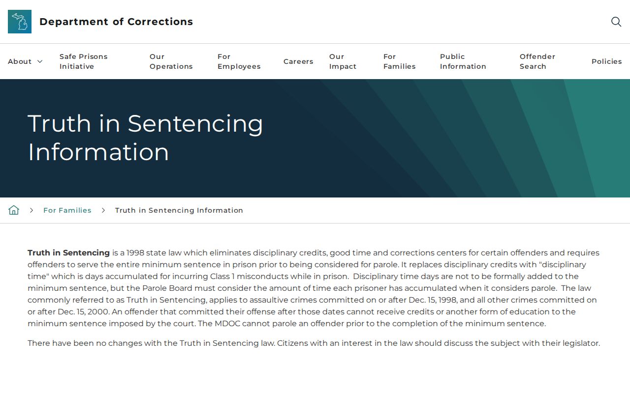 Michigan truth in sentencing guidance for Ontonagon County inmate release dates