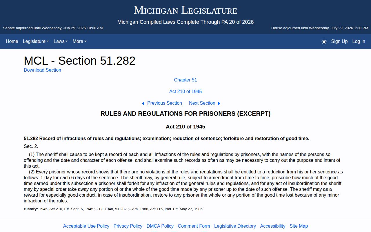 Michigan county jail good-time law for an Ontonagon County inmate release date