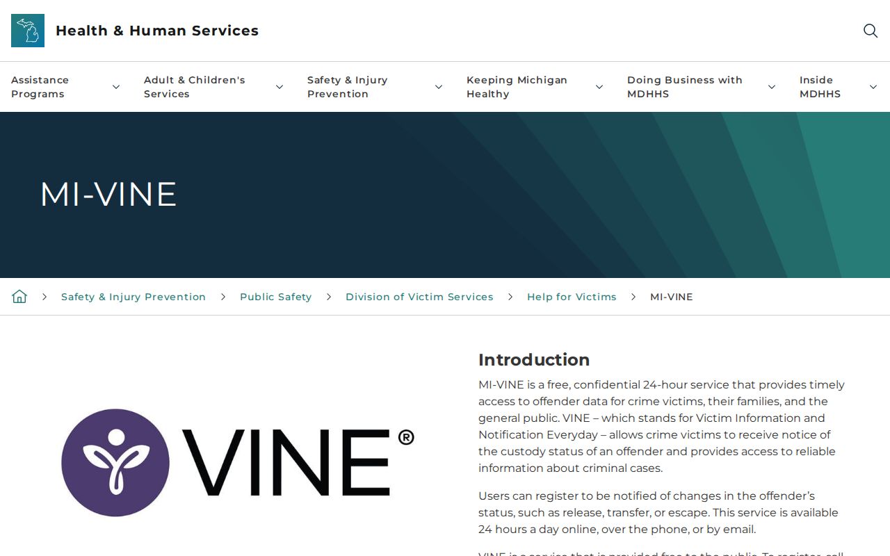 Michigan VINE source for Ontonagon County 72 hour release verification