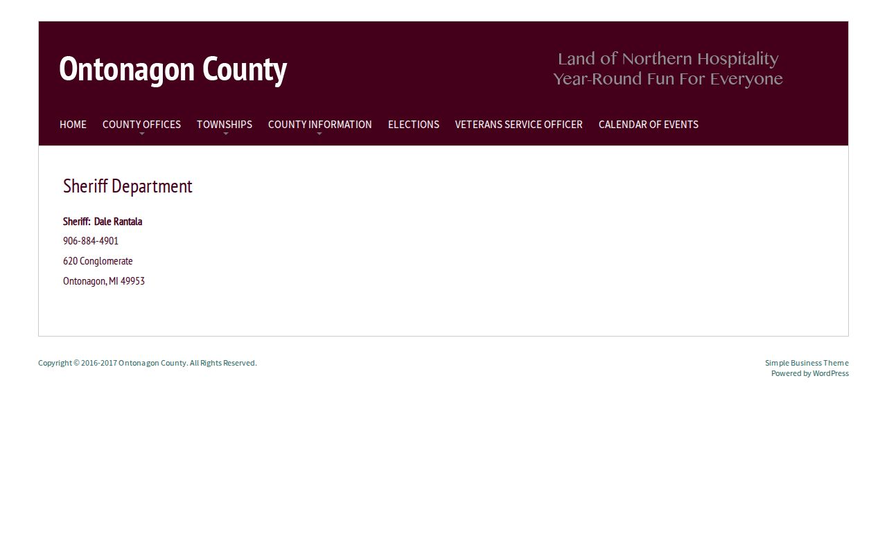 Ontonagon County Jail release record contact on the official Sheriff page